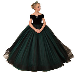Dark Green Velvet Flower Girl Dress Birthday Wedding party Bridesmaid Holiday Black Velvet Flower Girl Dress