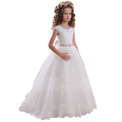 First Communion Princess Dress for Girls with Lace Round Neck Sleeveless Children Puffy Dress (pink sash detachable)
