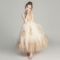 Off Shoulder Girl Wedding Dress Golden Sequin Lace Kids Party  Trailing Gowns Kids Baptism Pageant Gown Flower Girl Dresses