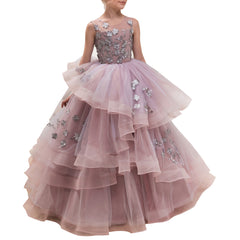 Flower Girl Dresses for Wedding Floor Length Ball Gown Pageant Puffy Tulle Dresses Flower Embroidery Princess Dresses