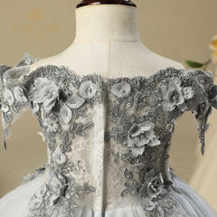 Off Shoulder Lace Tulle Applique Flower Girl Dresses for 3-12 Years Old