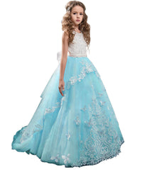 Kids Lace Beaded Pageant Ball Gowns long girls first communion dress with bow flower puffy kids ball gowns for girls