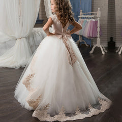 First Communion Dress Tulle Satin Lace Cap Sleeves Pageant Fancy Girls Ball Gown Princess kids Birthday Dresses Flower Girl Dress