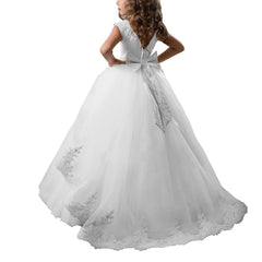 First Communion Dress Tulle Satin Lace Cap Sleeves Pageant Fancy Girls Ball Gown Princess kids Birthday Dresses Flower Girl Dress