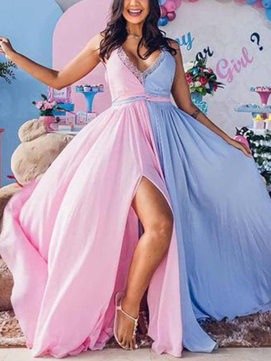 Chic V Necked Pink Blue Maternity Photoshoot Halter Gown - S / as pics show