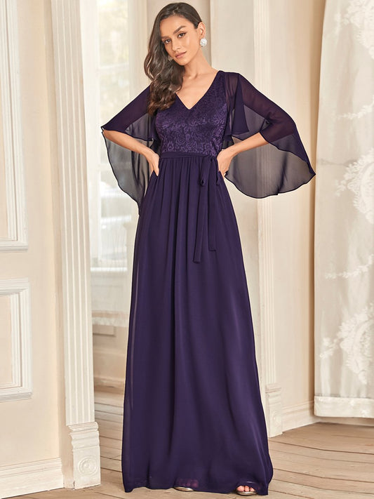 Women's Floor Length Deep Evening Dress V Neck with Lace