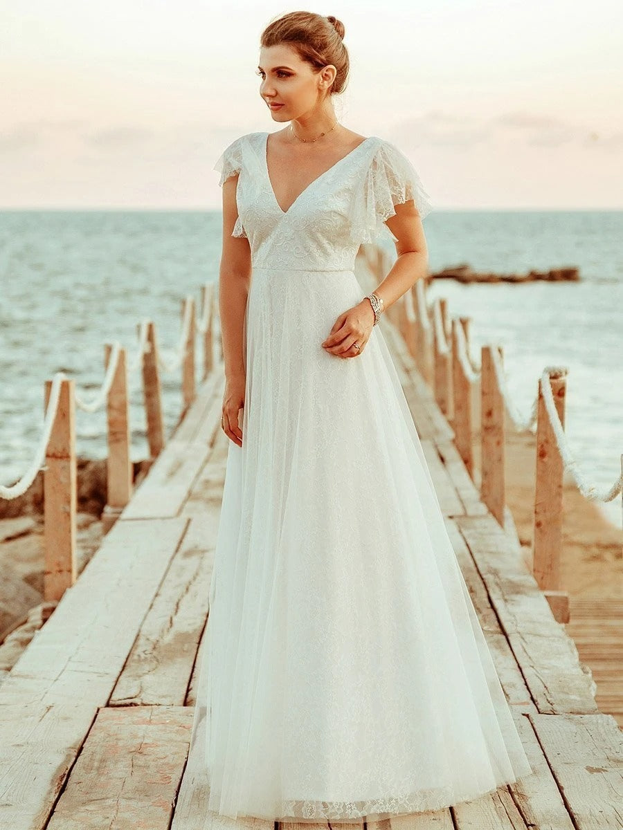 Double V-Neck Floor Length Wedding Dresses with Short Ruffle Sleeve Br
