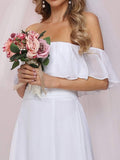 Plain Off Shoulder Ruffle Chiffon Wedding Dress with Side Split