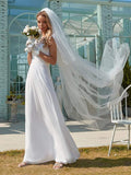 Plain Pleated Chiffon Opean Neckline Wedding Dress with Lace Decorations