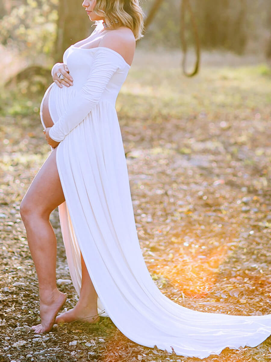 Off the Shoulder Open Front Maternity Photoshoot Gown Long Sleeves Dress -  S / White