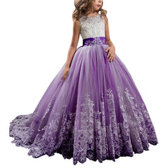 Communion Dress Kid Lace princess dress Ball Gown with Bow birthday dresses Flower Girls Dress for Wedding