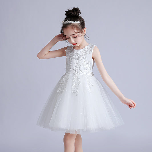 Children's Puffy High-low Dress Classic Round Necked Embroidery Sheer Princess Gown