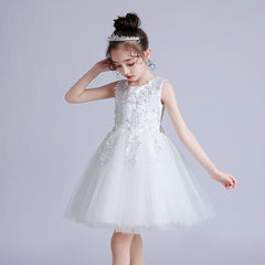 Children's Puffy High-low Dress Classic Round Necked Embroidery Sheer Princess Gown