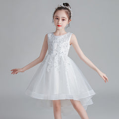 Children's Puffy High-low Dress Classic Round Necked Embroidery Sheer Princess Gown