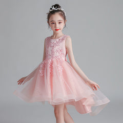 Children's Puffy High-low Dress Classic Round Necked Embroidery Sheer Princess Gown