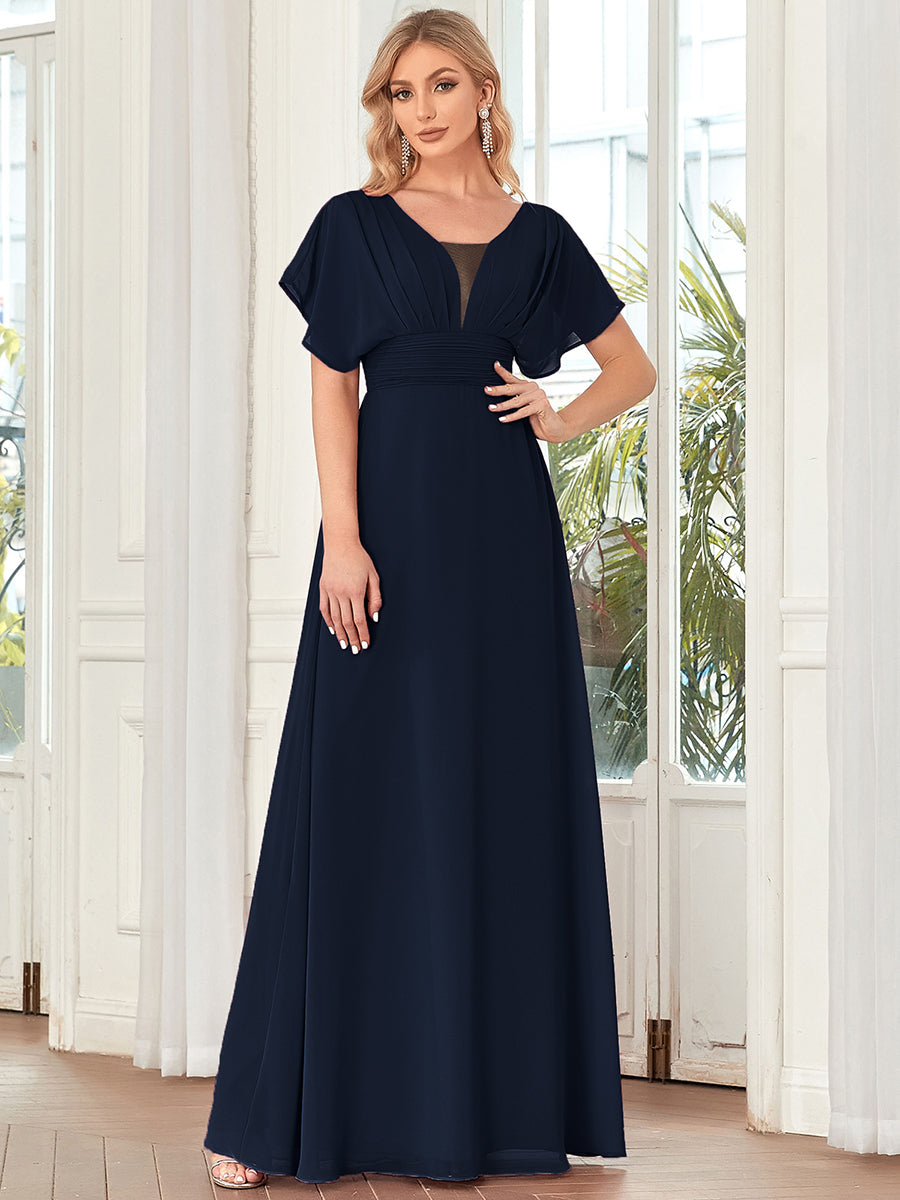Women's A-Line Empire Waist Maxi Chiffon Evening Dresses V Necked Formal  Wear Floor Length - 4 / Navy Blue
