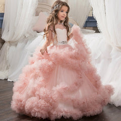 Flower Girl Dress Short-Sleeved V Back communion dress lace top Tulle Skirt Child Girl Dress Ball Gown Princess Girl Birthday Dresses