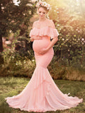 Women Sweet Mermaid Dress Ruffle Sleeve Maternity Photoshoot Gown