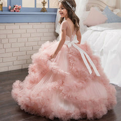 Flower Girl Dress Short-Sleeved V Back communion dress lace top Tulle Skirt Child Girl Dress Ball Gown Princess Girl Birthday Dresses