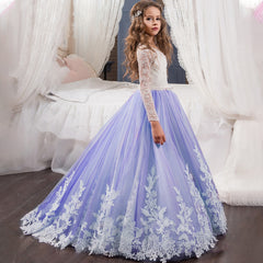 Flowers Girls Dress Applique Tulle Lace Wedding Dress Tea Length Full Birthday Christmas Prom Ball Gown