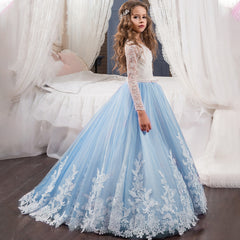 Flowers Girls Dress Applique Tulle Lace Wedding Dress Tea Length Full Birthday Christmas Prom Ball Gown