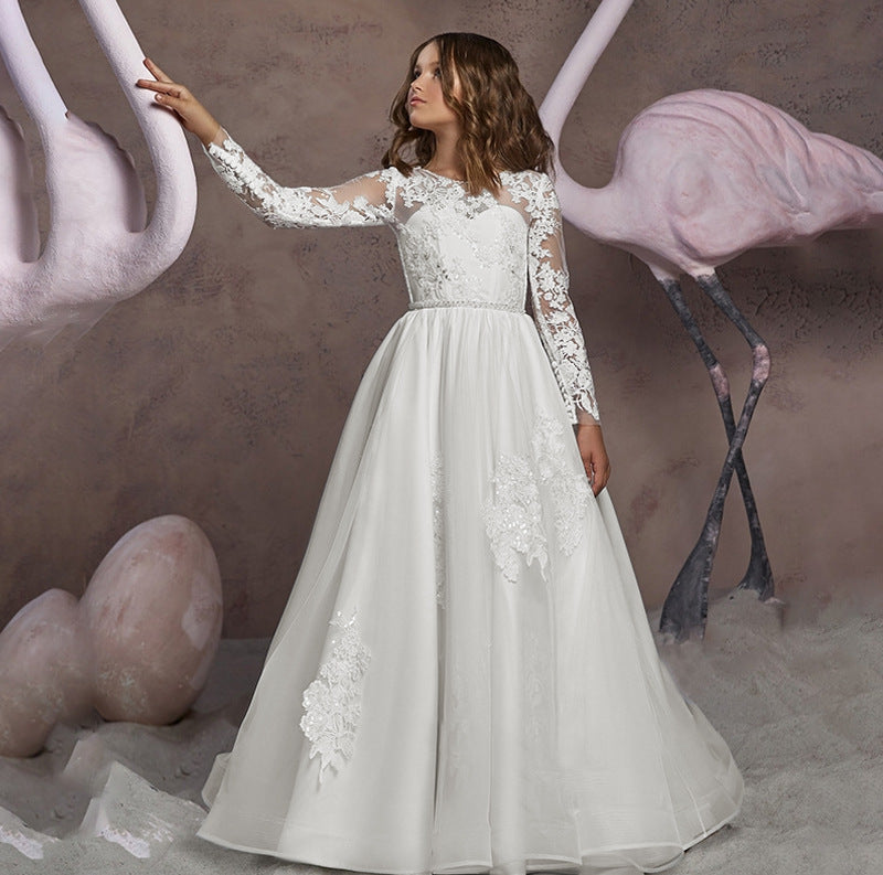 First Communion Dress Long Sleeves White Embroidery Sheer Princess Formal Dress, Ivory / 12 First Communion Dress Long Sleeves White Embroidery Sheer Princess Formal Dress, Ivory / 12