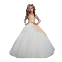 Children's  Flower Girl Dresses with Bow Kid's Princess Dress Tulle Gown Lace Puffy Dress Floor Length