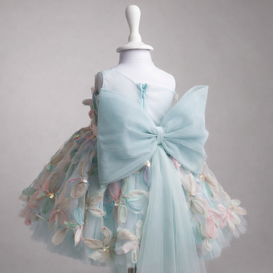 Pastel 3D Floral Tulle Girls Party Dress with Bow Back One Shoulder Princess Dress