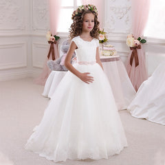 First Communion Princess Dress for Girls with Lace Round Neck Sleeveless Children Puffy Dress (pink sash detachable)