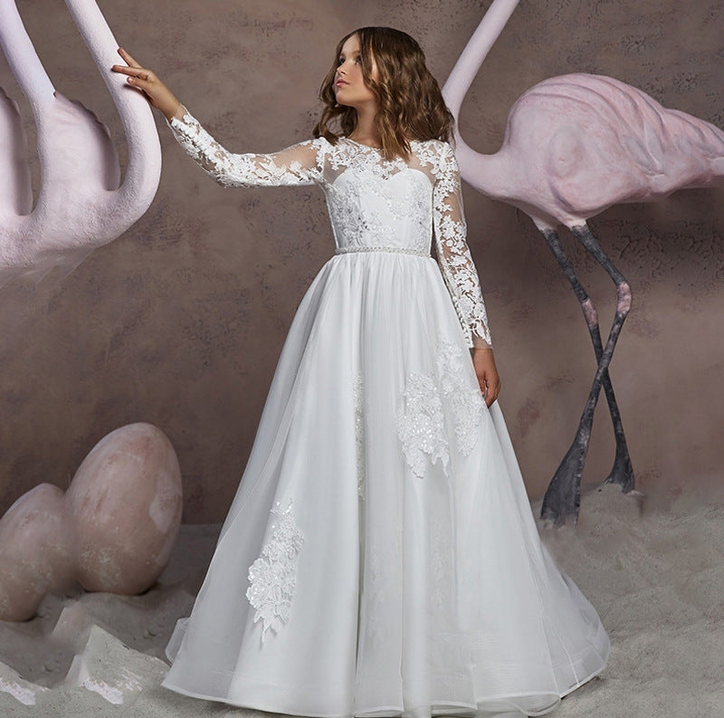 First Communion Dress Long Sleeves White Embroidery Sheer Princess Formal Dress Ivory / Custom First Communion Dress Long Sleeves White Embroidery Sheer Princess Formal Dress Ivory / Custom