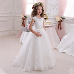 First Communion Princess Dress for Girls with Lace Round Neck Sleeveless Children Puffy Dress (pink sash detachable)