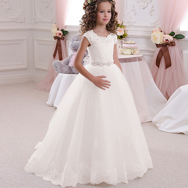 First Communion Princess Dress for Girls with Lace Round Neck Sleeveless Children Puffy Dress (pink sash detachable)