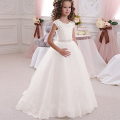 First Communion Princess Dress for Girls with Lace Round Neck Sleeveless Children Puffy Dress (pink sash detachable)