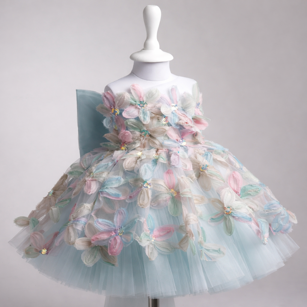 Pastel 3D Floral Tulle Girls Party Dress with Bow Back One Shoulder Princess Dress