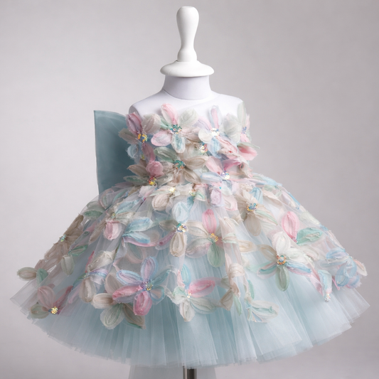Pastel 3D Floral Tulle Girls Party Dress with Bow Back One Shoulder Princess Dress