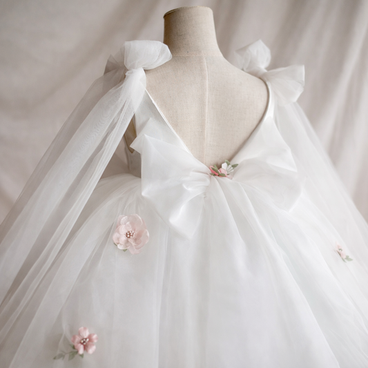 White Floral Embroidered Tulle Girls Party Dress with Sheer Shoulder Ties