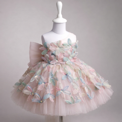 Pastel 3D Floral Tulle Girls Party Dress with Bow Back One Shoulder Princess Dress