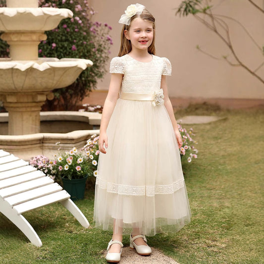 Short Sleeve Flower Girl Dress Lace Princess Dress with Sash Crew Neck Party Dress
