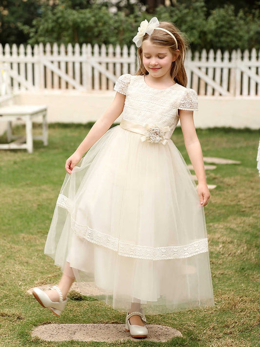 Short Sleeve Flower Girl Dress Lace Princess Dress with Sash Crew Neck Party Dress