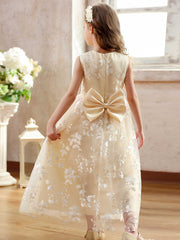 Floral Embroidered Tulle Maxi Dress for Girls Sleeveless Princess Party Dress with Bow