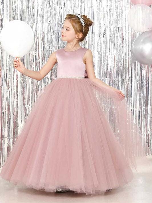 Girls V Back Bow Tie Princess Dresses Cute Sleeveless Flower Girls Dresses