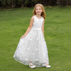 Communion Dress O-Neck Sleeveless A line Wedding Pageant Lace Flower Girl Dress with Belt for Kids 2-12 Year Old
