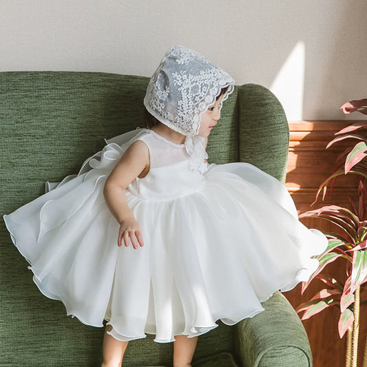 Sleeveless Flower Girl Dresses with Bonnet Lace Puffy Princess Gown Cute Girl Dresses