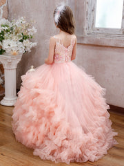 Floral Lace Appliqué Tulle Ball Gown for Girls Layered Ruffle Princess Party Dress