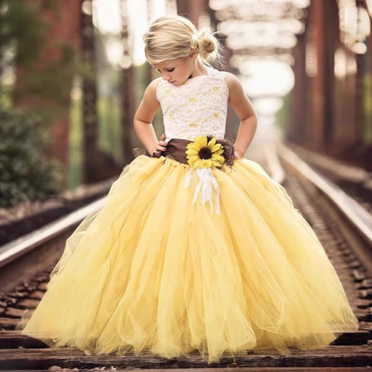 Sunflower Dress Dormal Fress Flower Girl Dress Lace Tulle Pageant Wedding Tutu Dress Romper