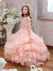 Floral Lace Appliqué Tulle Ball Gown for Girls Layered Ruffle Princess Party Dress