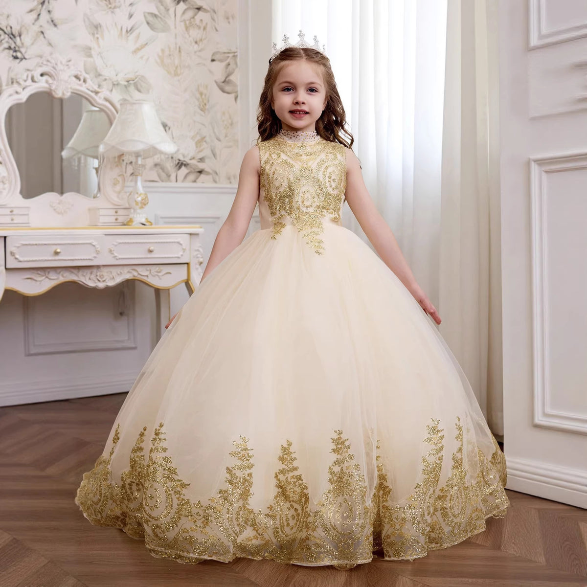 Gold Lace Flower Girls Pageant Dresses for Wedding Long Puffy Prom Tulle Pageant Ball Gown princess girls dress