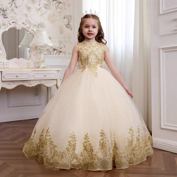Gold Lace Flower Girls Pageant Dresses for Wedding Long Puffy Prom Tulle Pageant Ball Gown princess Girls dress, Gold / 4