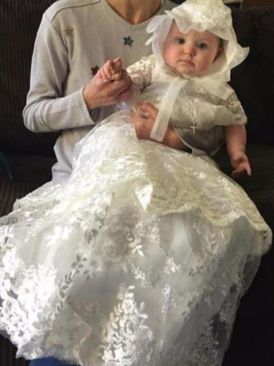 Lace Embroidered Christening Dress Baptism Gown Baby-Girls Newborn infant Gown with Bonnet Set