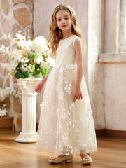 Floral Embroidered Tulle Maxi Dress for Girls Sleeveless Princess Party Dress with Bow